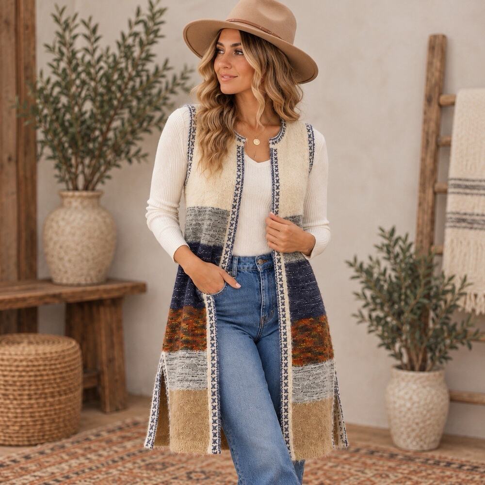 Chelsea & Violet Fuzzy Knit Long Vest Small Colorblock Boho Whipstitch Duster